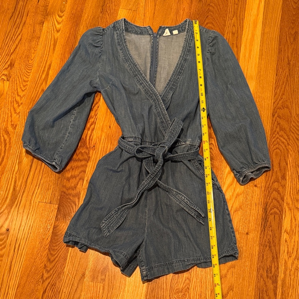 Cute gap puff sleeve denim romper with waist tie 0